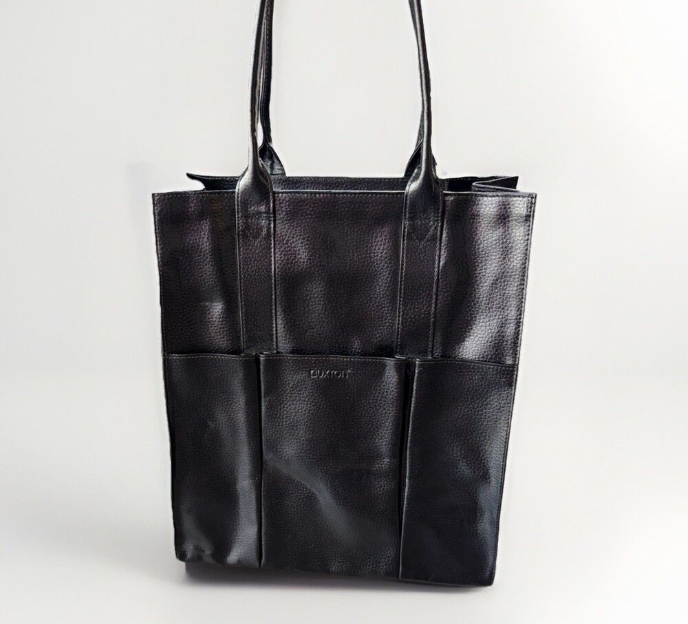 Buxton Black Pebbled Leather Large Tote Bag Structured Everyday Shoulder Bag